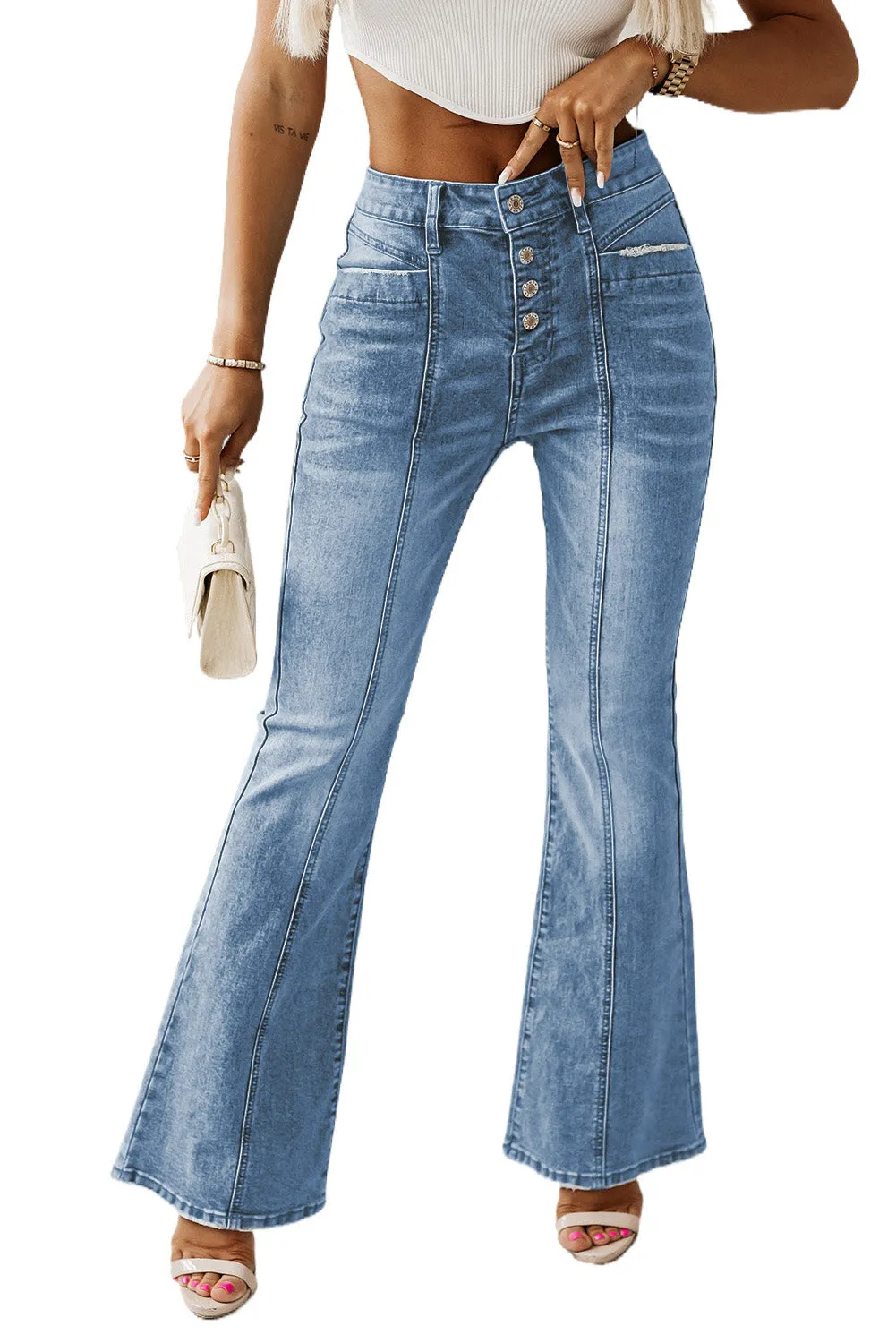 Women's High Waist Flare Jeans Button Fly Seamed Denim Pants