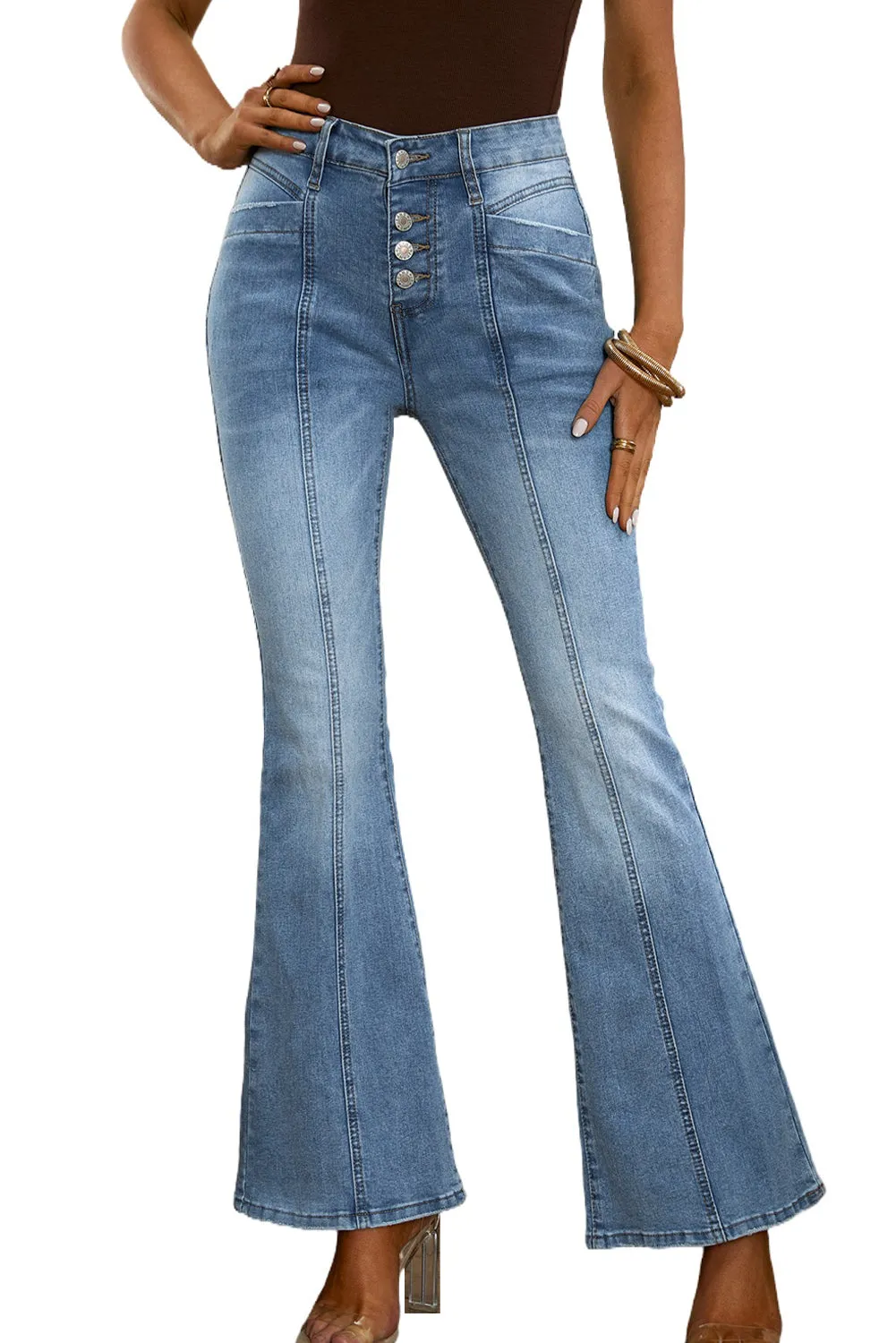 Women's High Waist Flare Jeans Button Fly Seamed Denim Pants