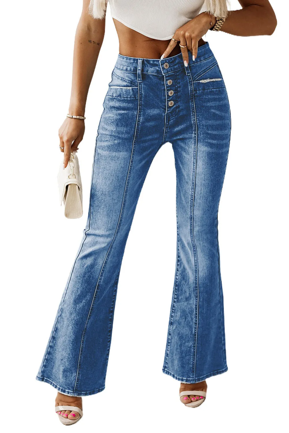 Women's High Waist Flare Jeans Button Fly Seamed Denim Pants