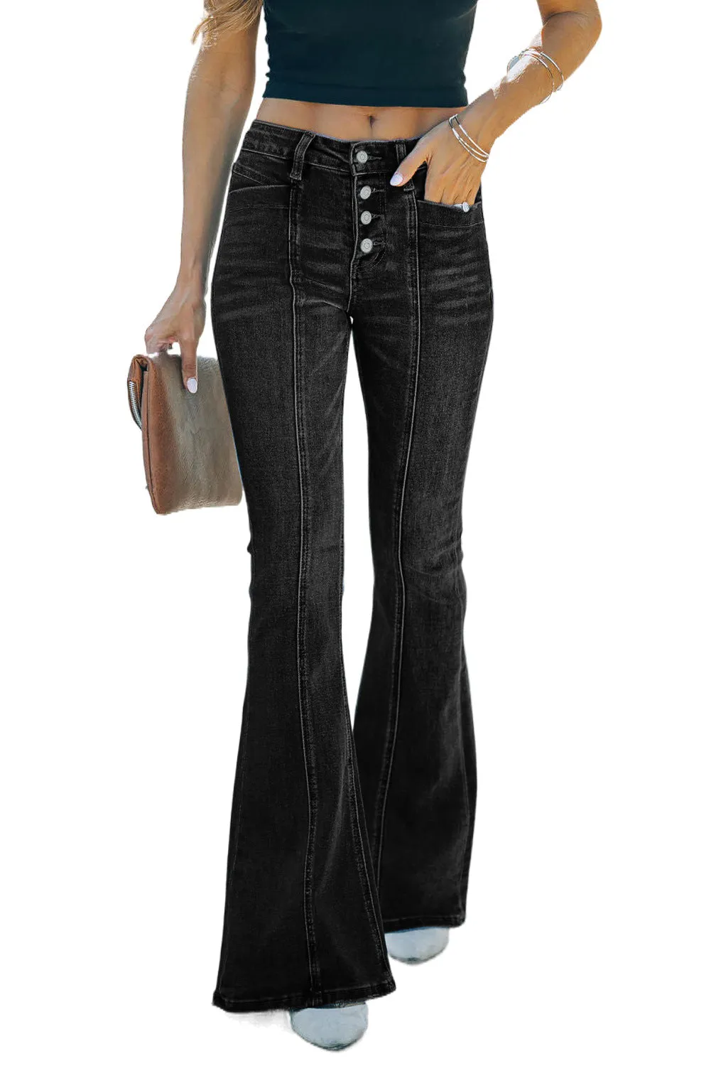 Women's High Waist Flare Jeans Button Fly Seamed Denim Pants