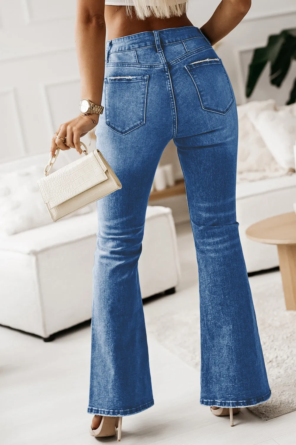 Women's High Waist Flare Jeans Button Fly Seamed Denim Pants