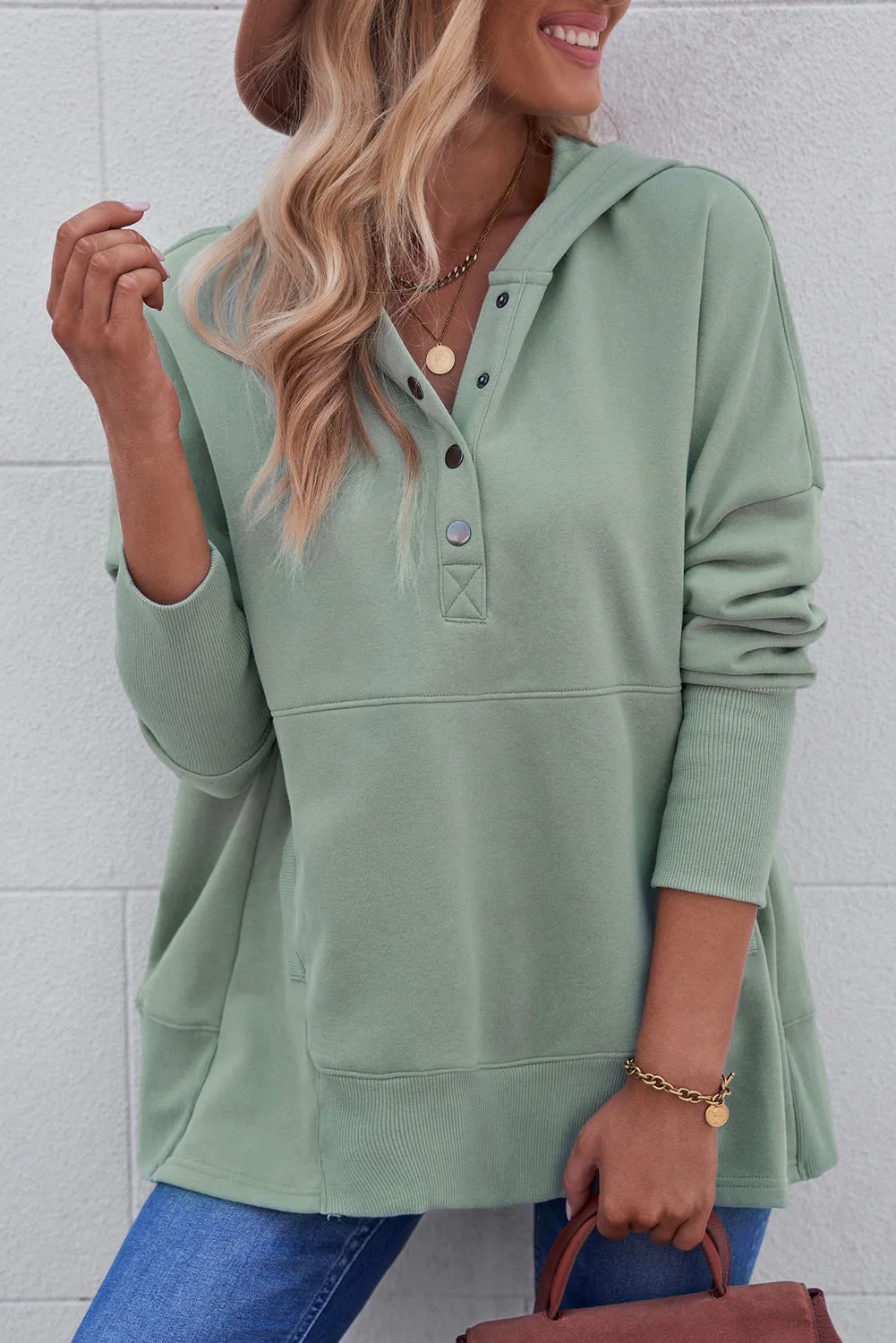 Women's Oversized Hooded Sweatshirt Batwing Sleeve Pocketed Henley Hoodie