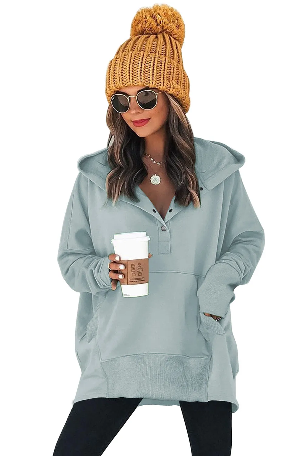 Women's Oversized Hooded Sweatshirt Batwing Sleeve Pocketed Henley Hoodie