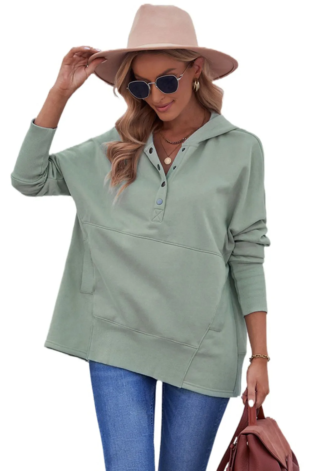 Women's Oversized Hooded Sweatshirt Batwing Sleeve Pocketed Henley Hoodie