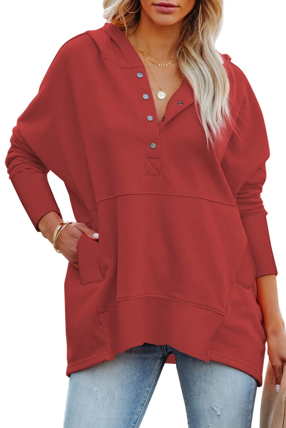 Women's Oversized Hooded Sweatshirt Batwing Sleeve Pocketed Henley Hoodie