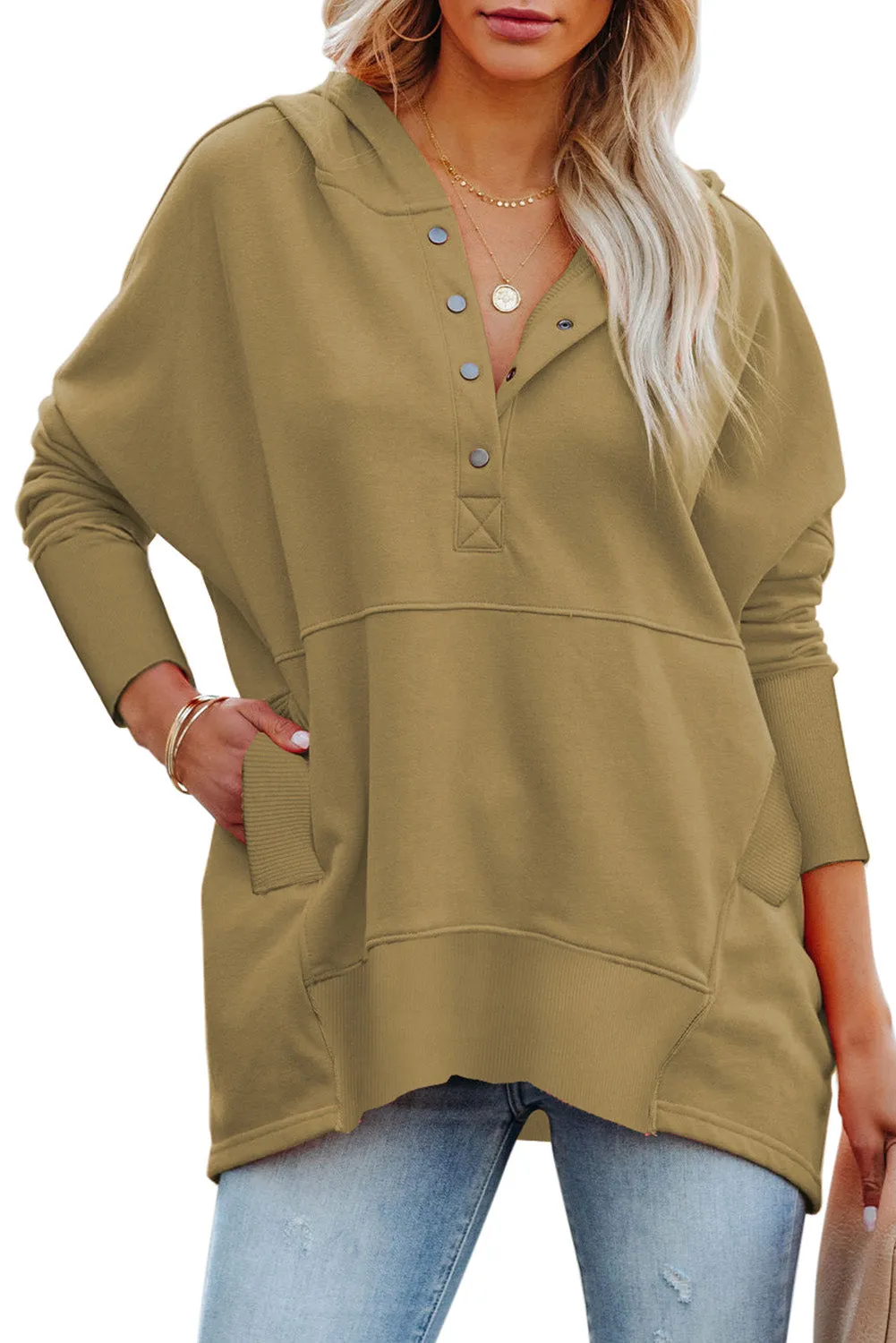 Women's Oversized Hooded Sweatshirt Batwing Sleeve Pocketed Henley Hoodie