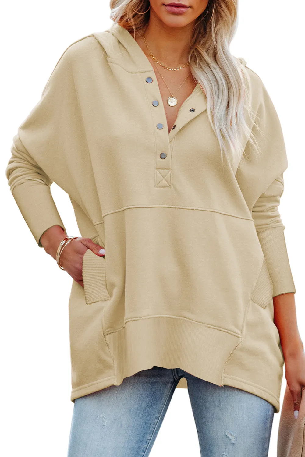 Women's Oversized Hooded Sweatshirt Batwing Sleeve Pocketed Henley Hoodie