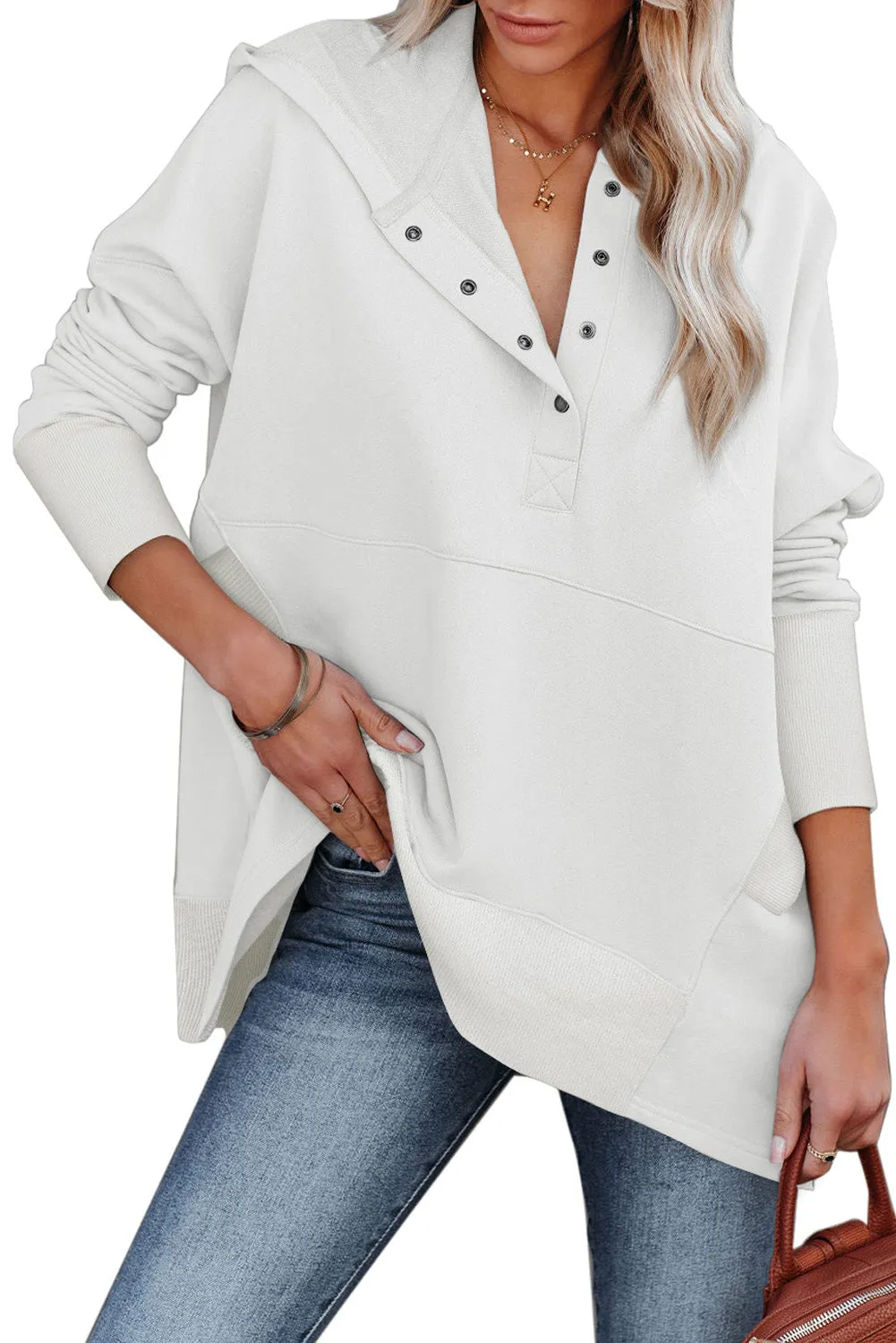 Women's Oversized Hooded Sweatshirt Batwing Sleeve Pocketed Henley Hoodie