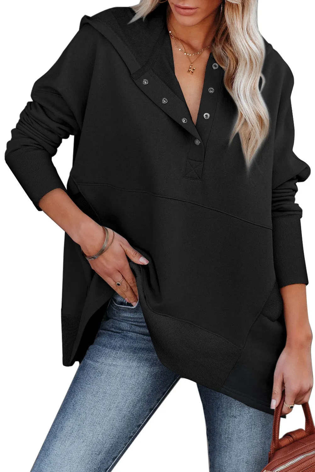 Women's Oversized Hooded Sweatshirt Batwing Sleeve Pocketed Henley Hoodie