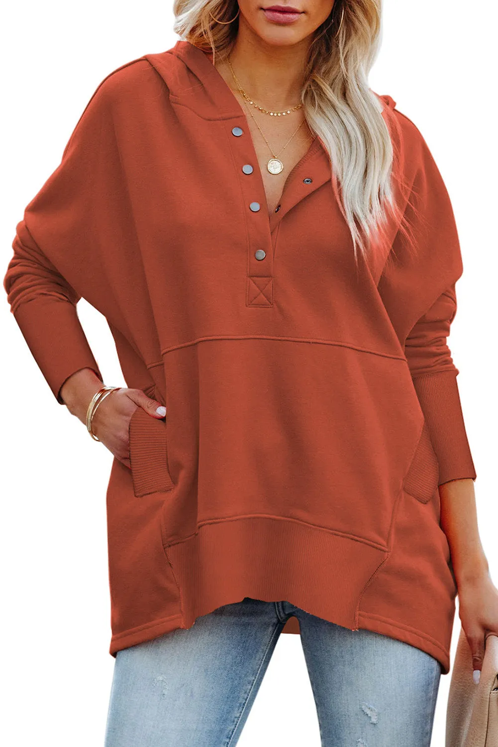 Women's Oversized Hooded Sweatshirt Batwing Sleeve Pocketed Henley Hoodie