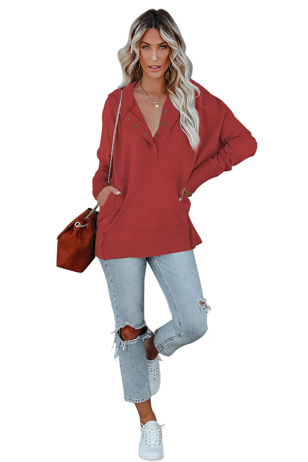 Women's Oversized Hooded Sweatshirt Batwing Sleeve Pocketed Henley Hoodie