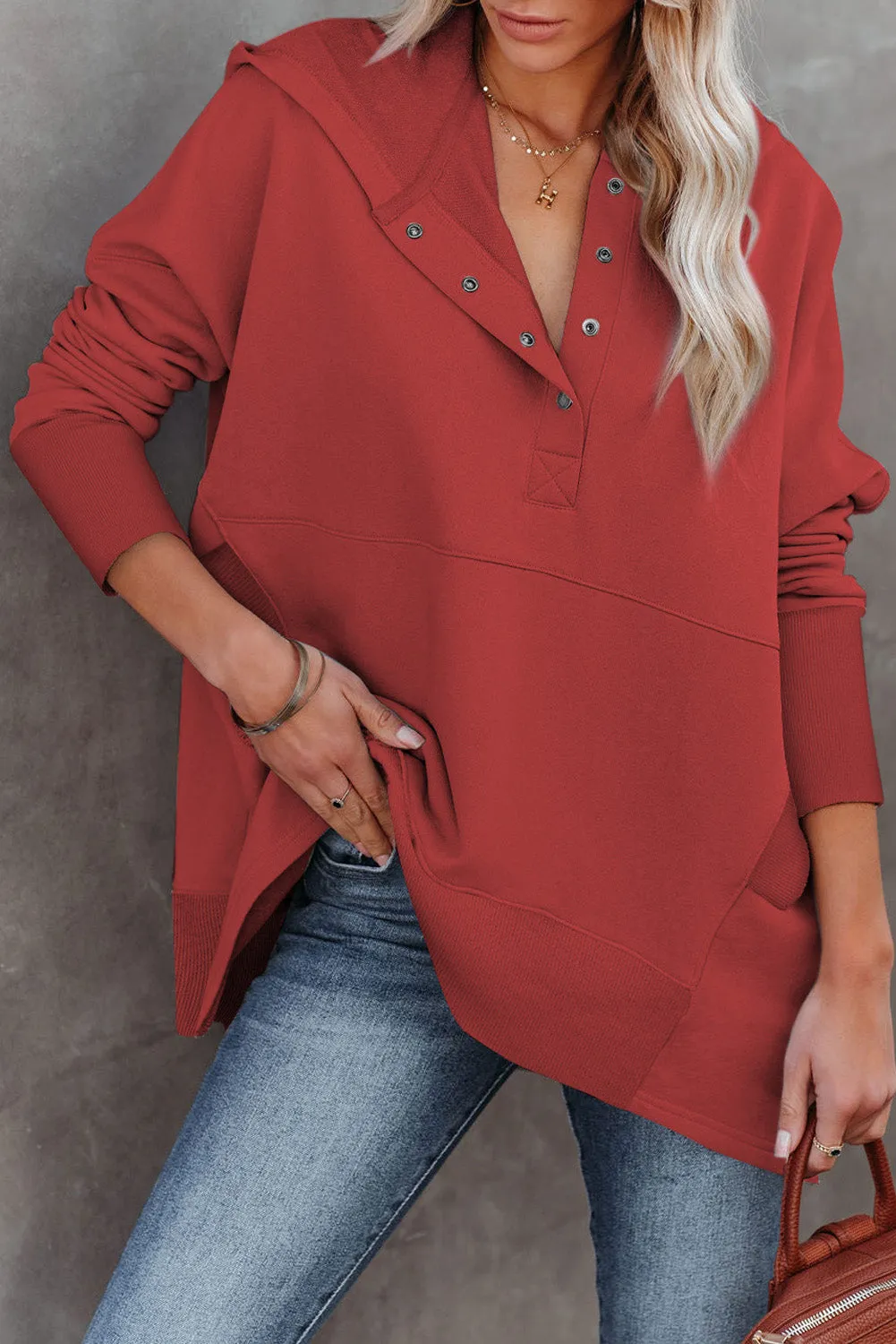 Women's Oversized Hooded Sweatshirt Batwing Sleeve Pocketed Henley Hoodie