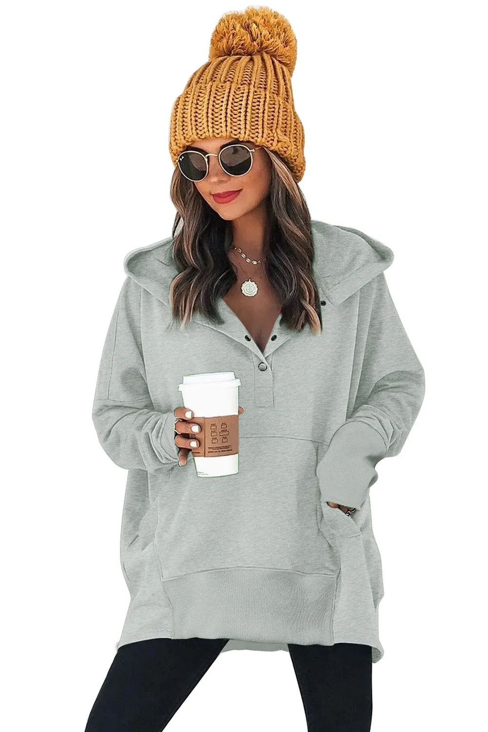 Women's Oversized Hooded Sweatshirt Batwing Sleeve Pocketed Henley Hoodie