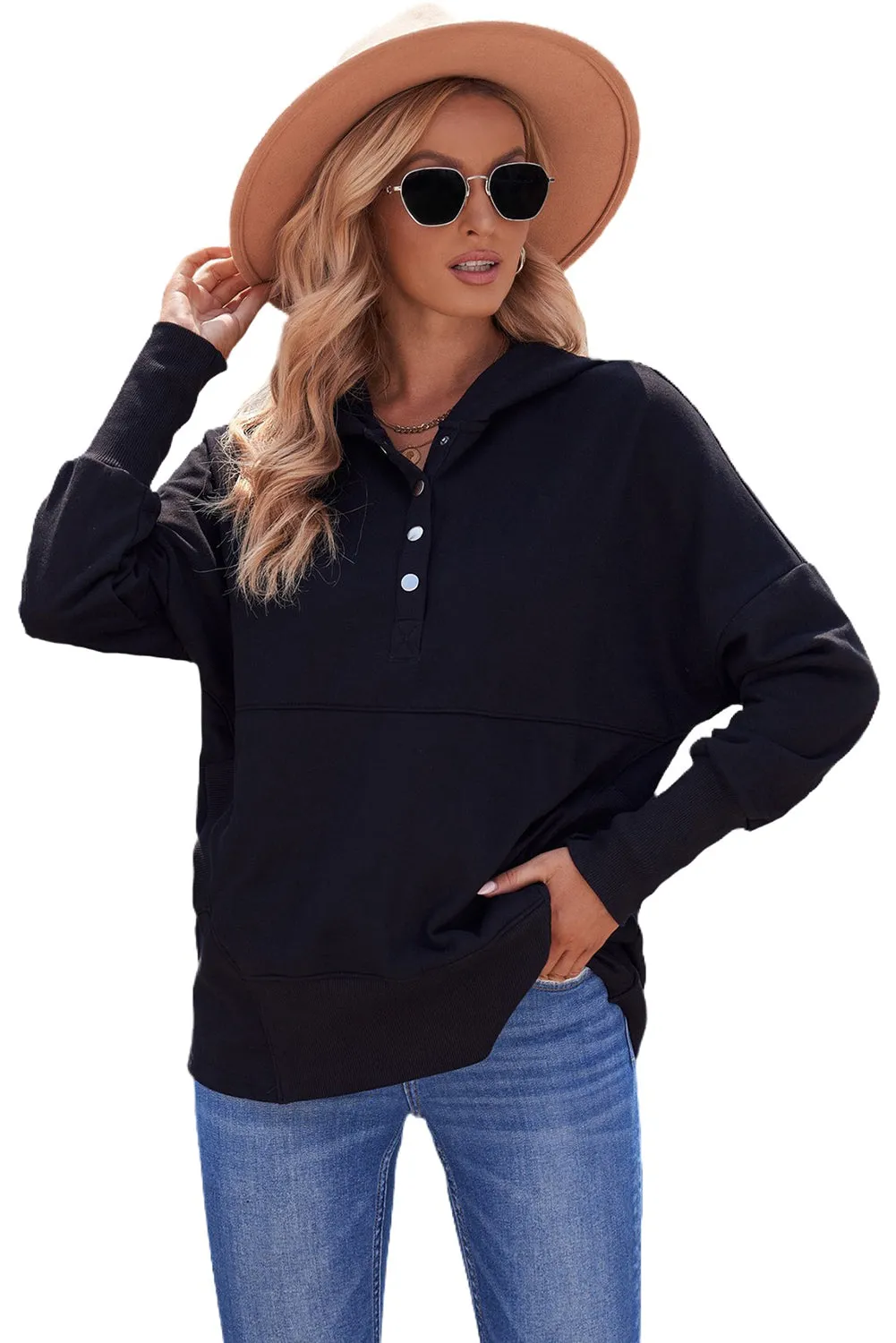 Women's Oversized Hooded Sweatshirt Batwing Sleeve Pocketed Henley Hoodie