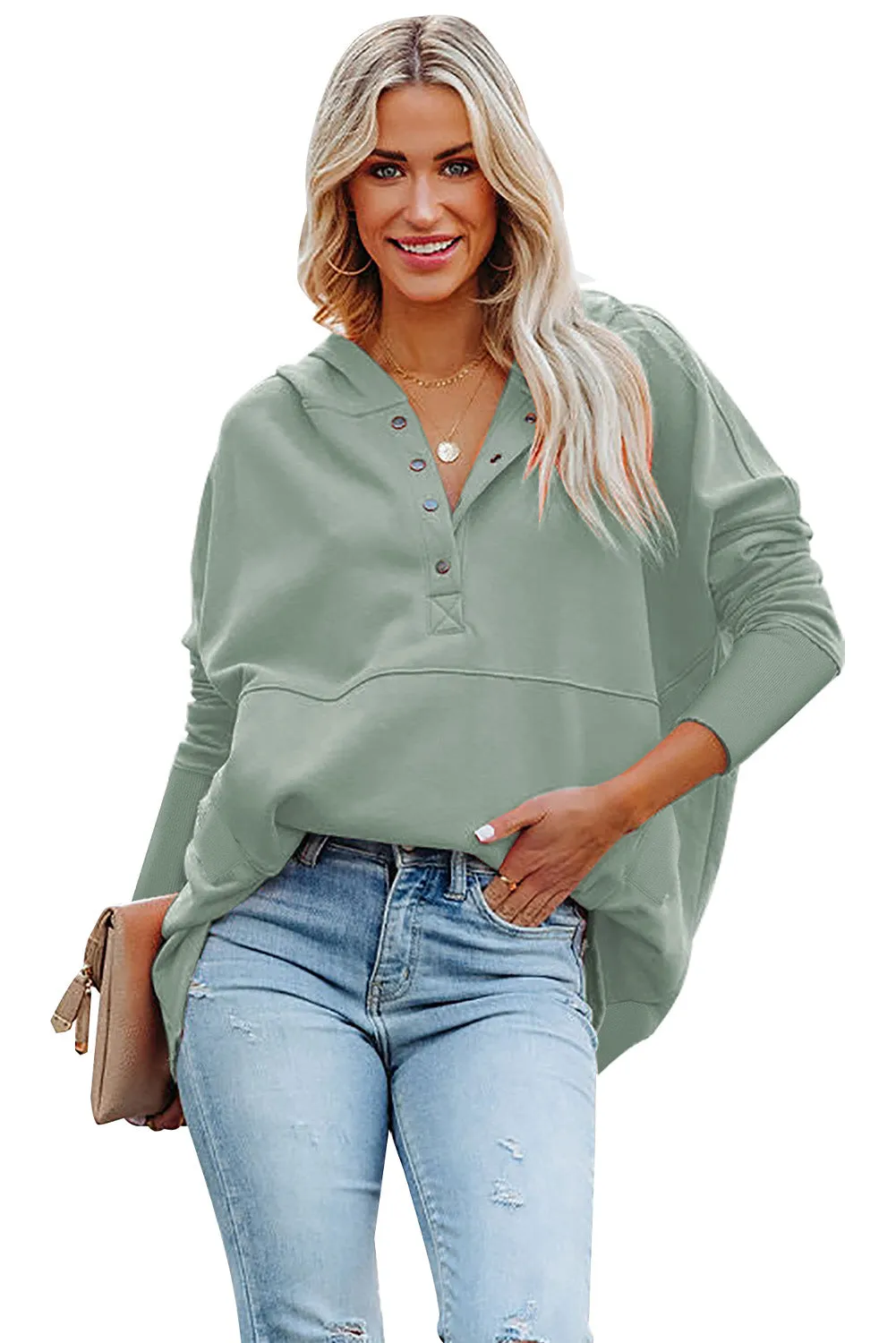 Women's Oversized Hooded Sweatshirt Batwing Sleeve Pocketed Henley Hoodie