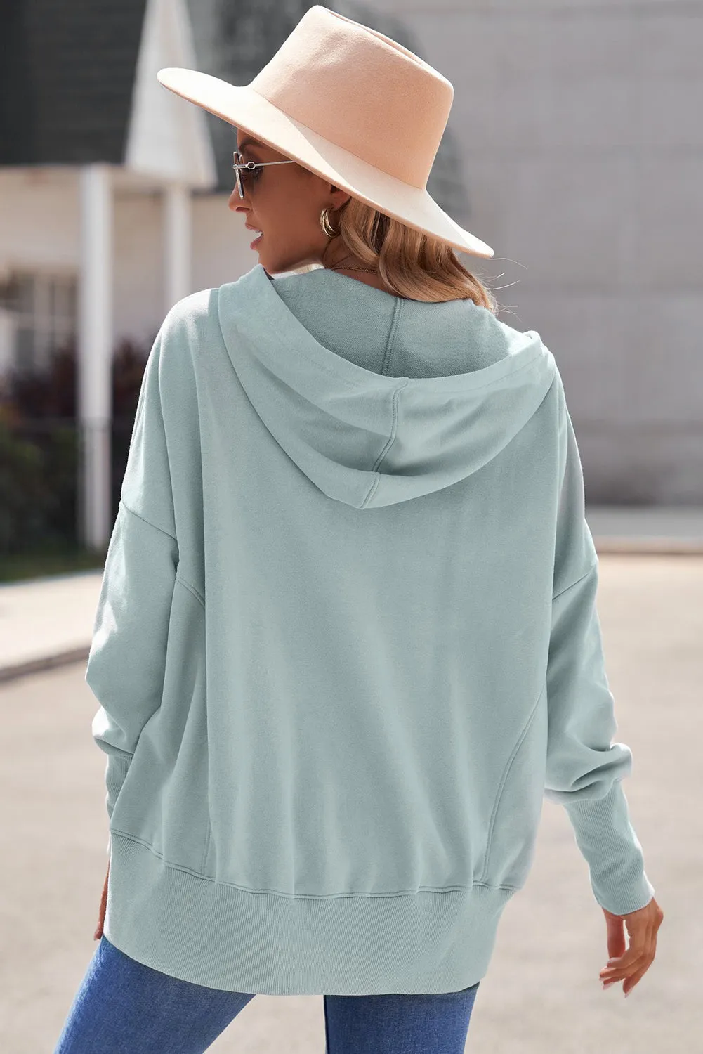 Women's Oversized Hooded Sweatshirt Batwing Sleeve Pocketed Henley Hoodie