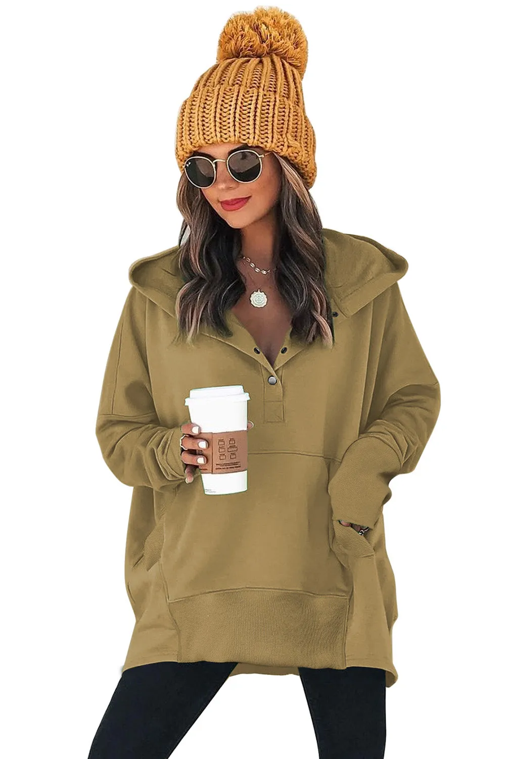 Women's Oversized Hooded Sweatshirt Batwing Sleeve Pocketed Henley Hoodie