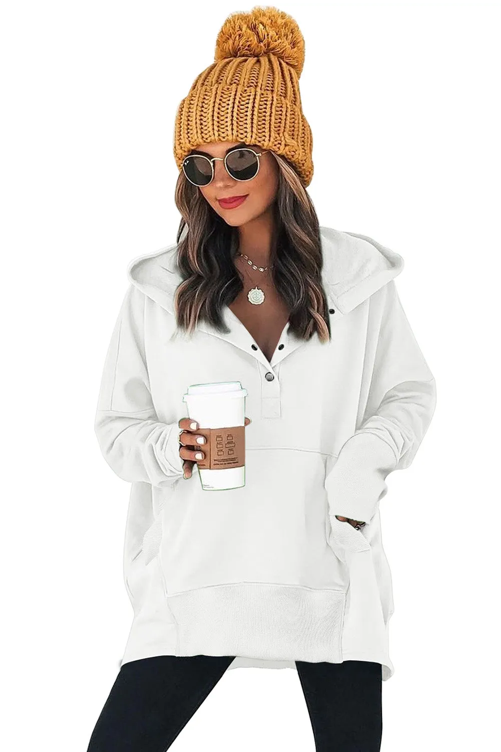 Women's Oversized Hooded Sweatshirt Batwing Sleeve Pocketed Henley Hoodie