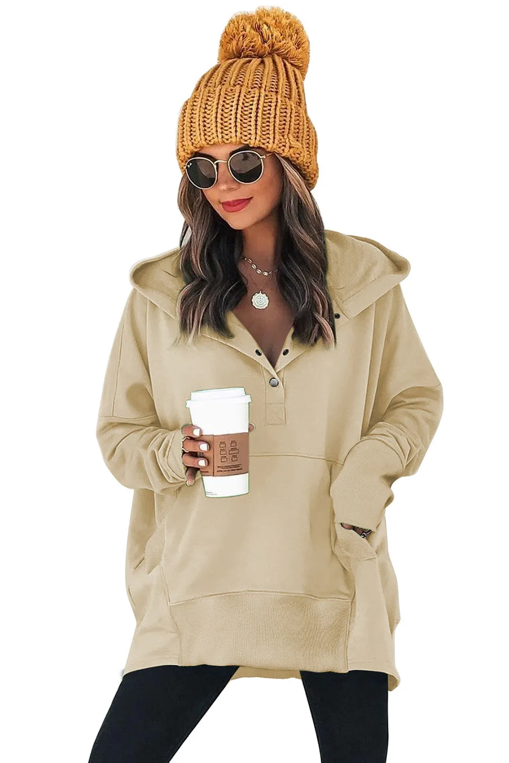 Women's Oversized Hooded Sweatshirt Batwing Sleeve Pocketed Henley Hoodie