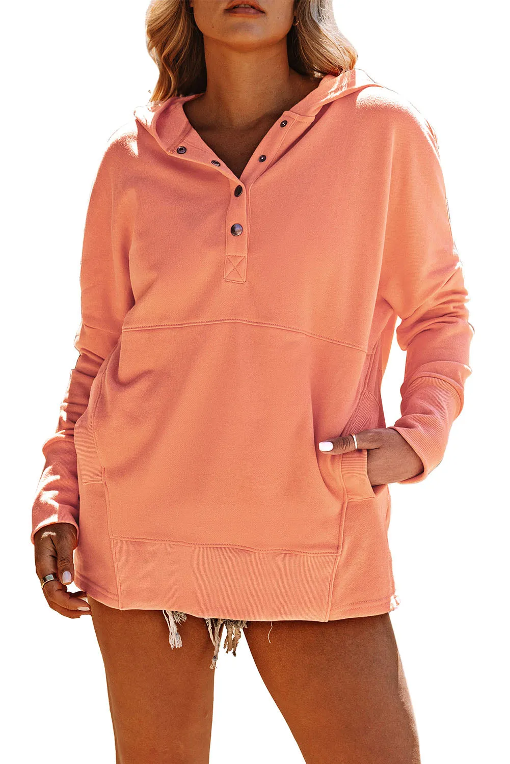 Women's Oversized Hooded Sweatshirt Batwing Sleeve Pocketed Henley Hoodie