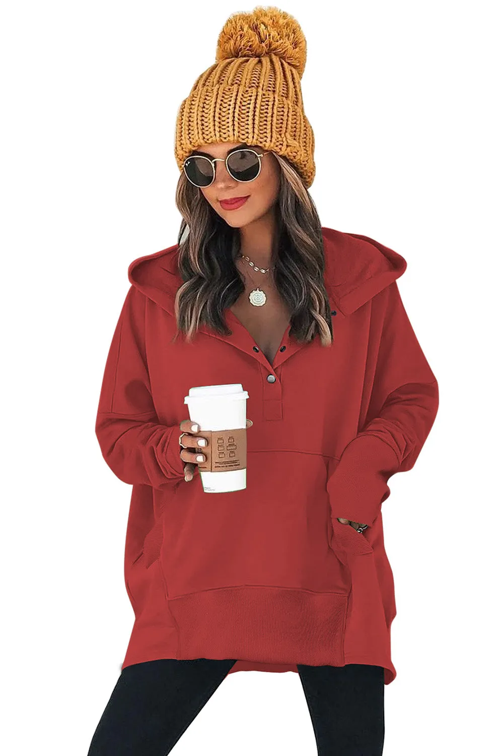 Women's Oversized Hooded Sweatshirt Batwing Sleeve Pocketed Henley Hoodie