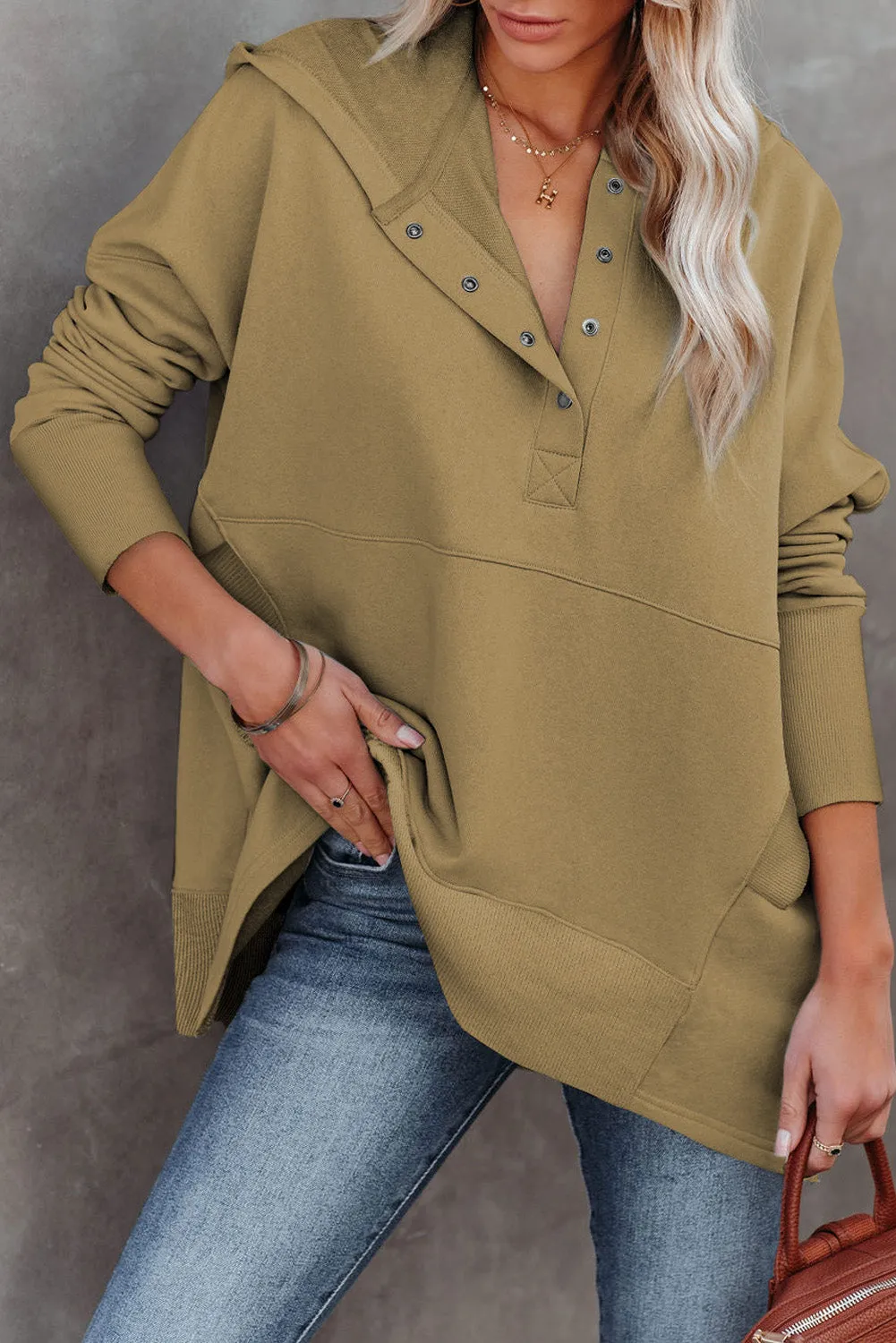 Women's Oversized Hooded Sweatshirt Batwing Sleeve Pocketed Henley Hoodie