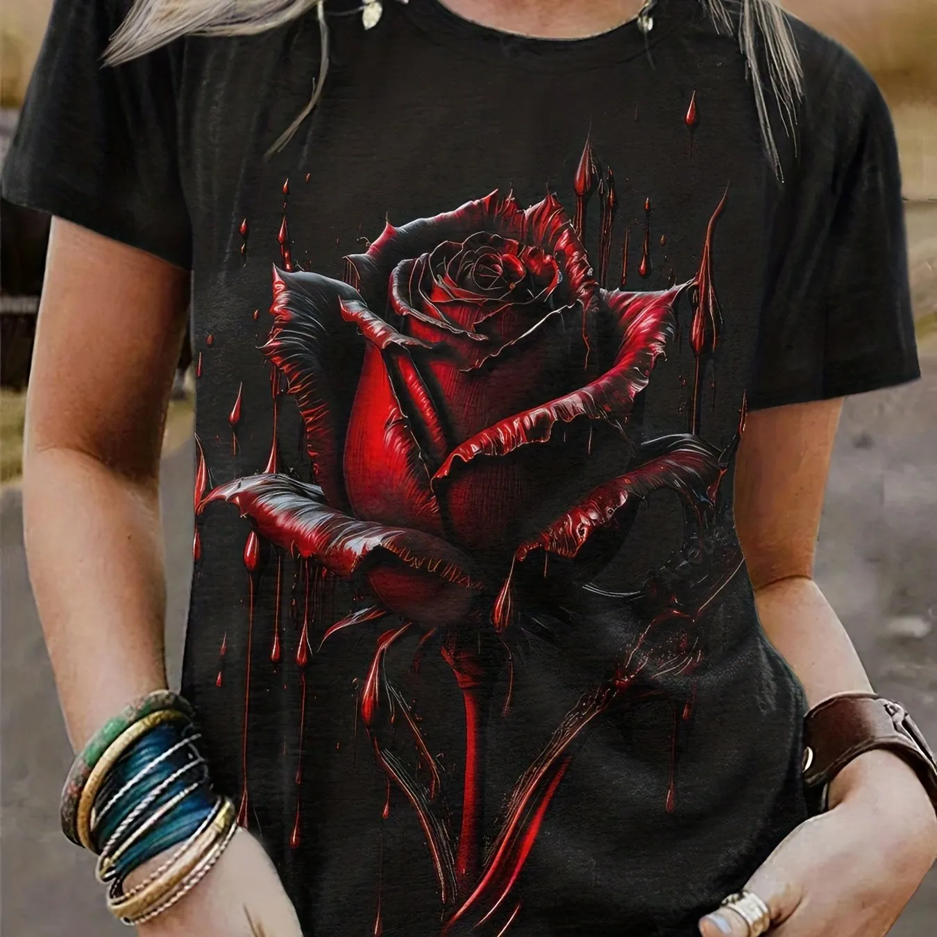 Womens Plus Size Gothic Rose Print TShirt with Stretch