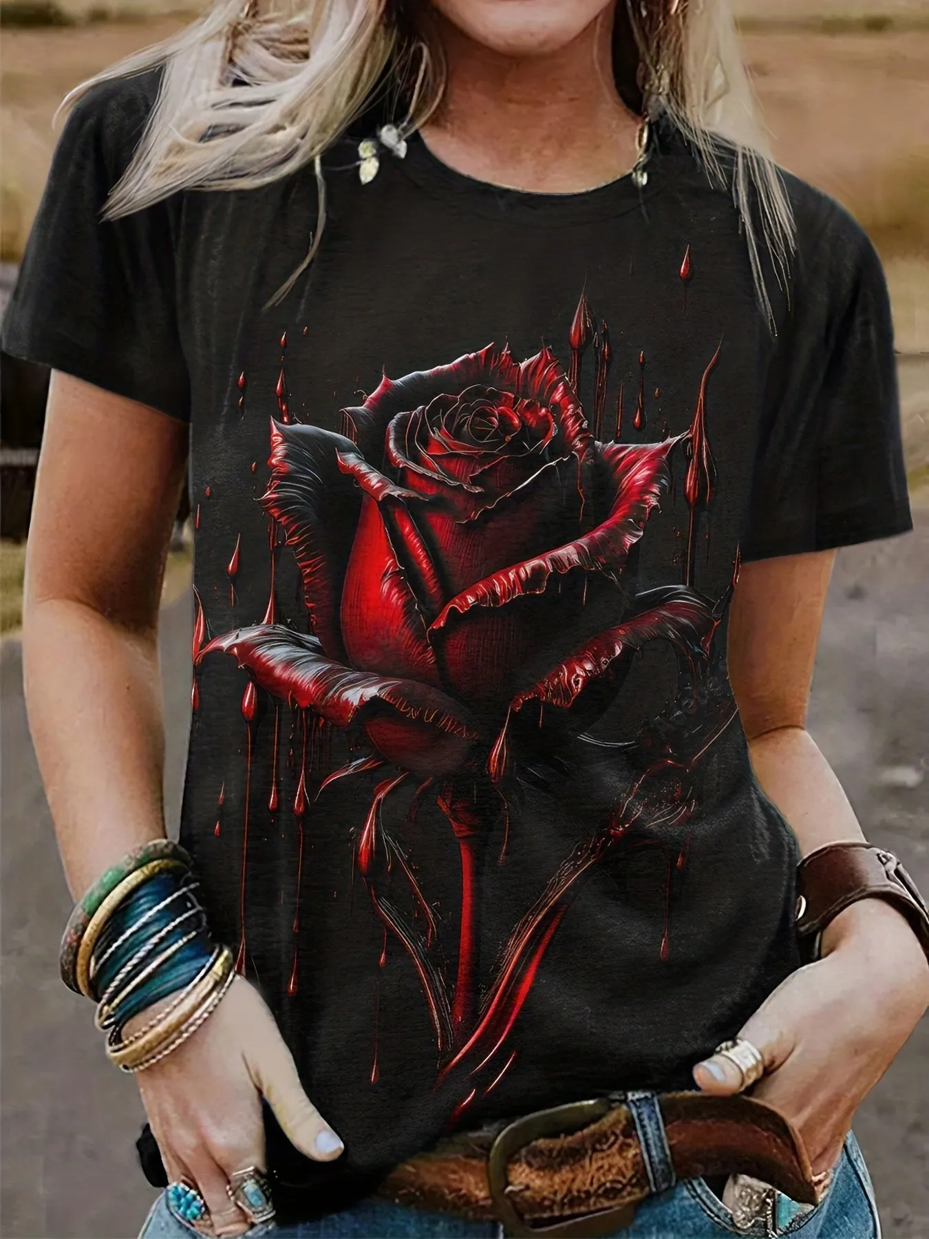 Womens Plus Size Gothic Rose Print TShirt with Stretch