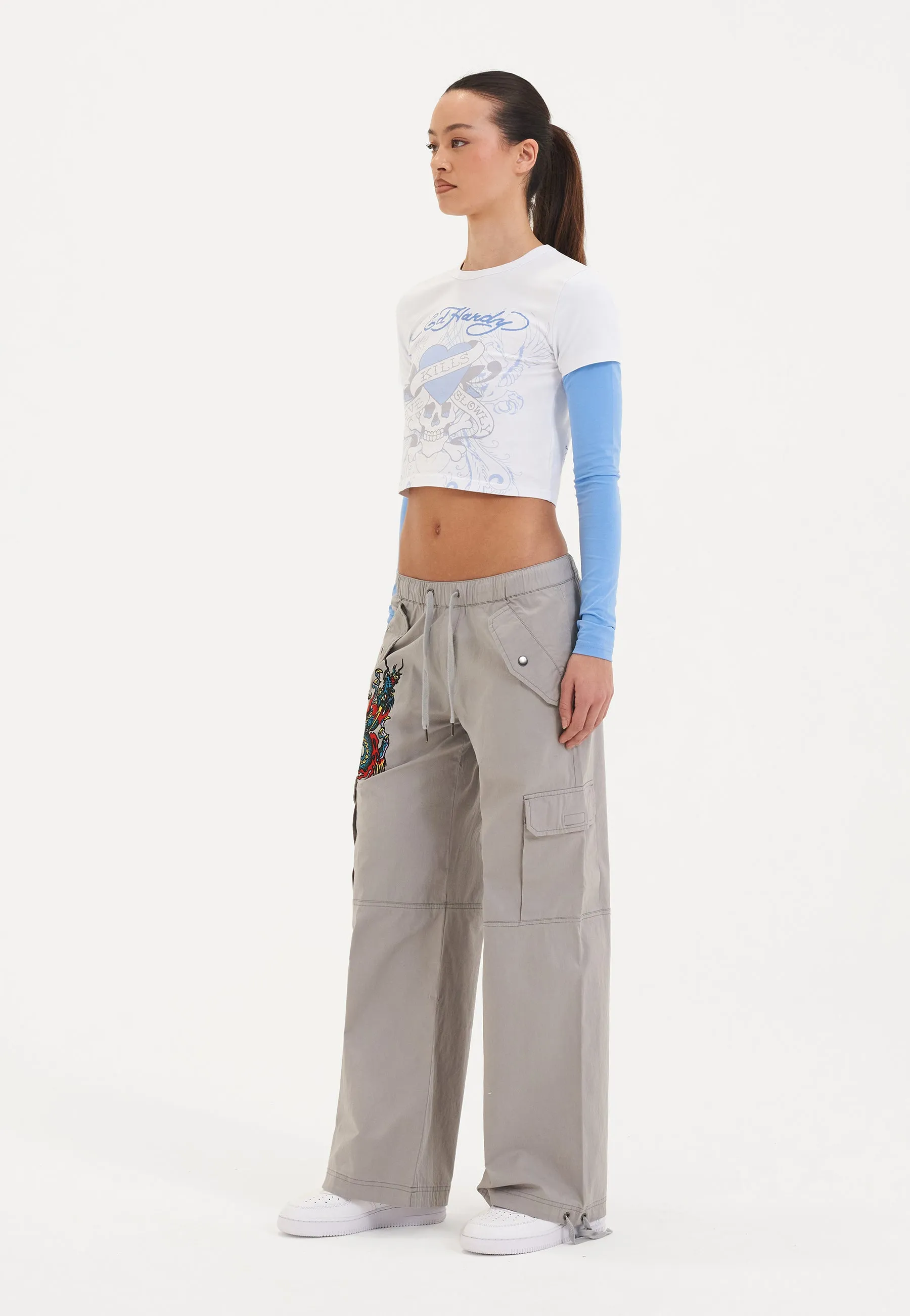 Womens Twisted Dragon Cargo Pants Trousers - Grey