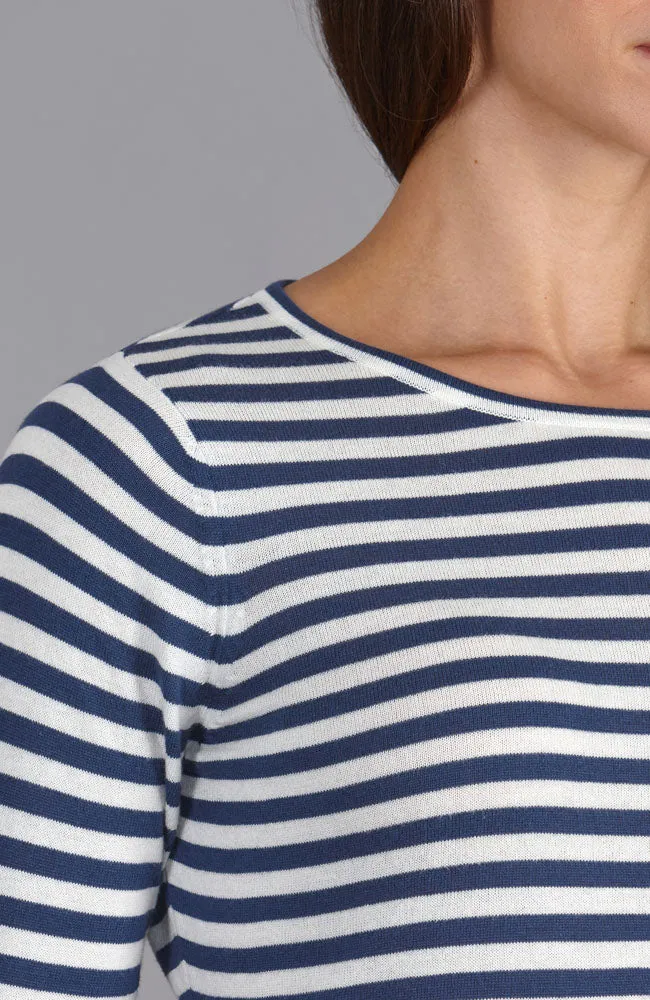 Womens Ultra Fine Cotton Round Neck Breton Stripe Jumper