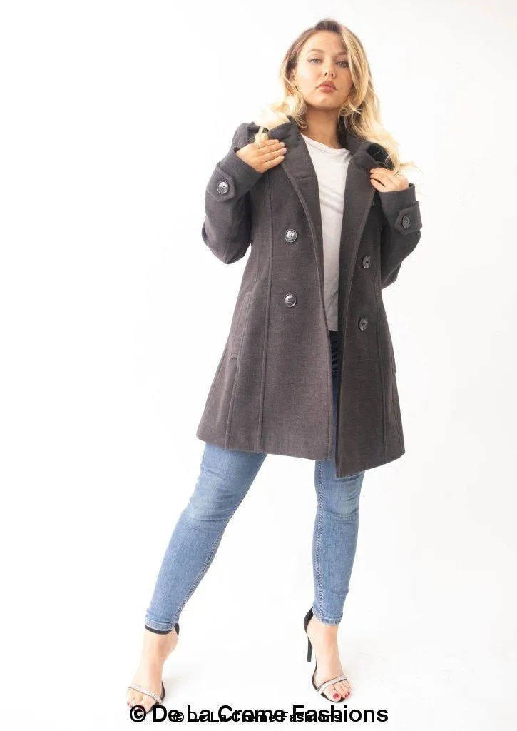 Womens Wool Feel Double Breasted Hooded Coat