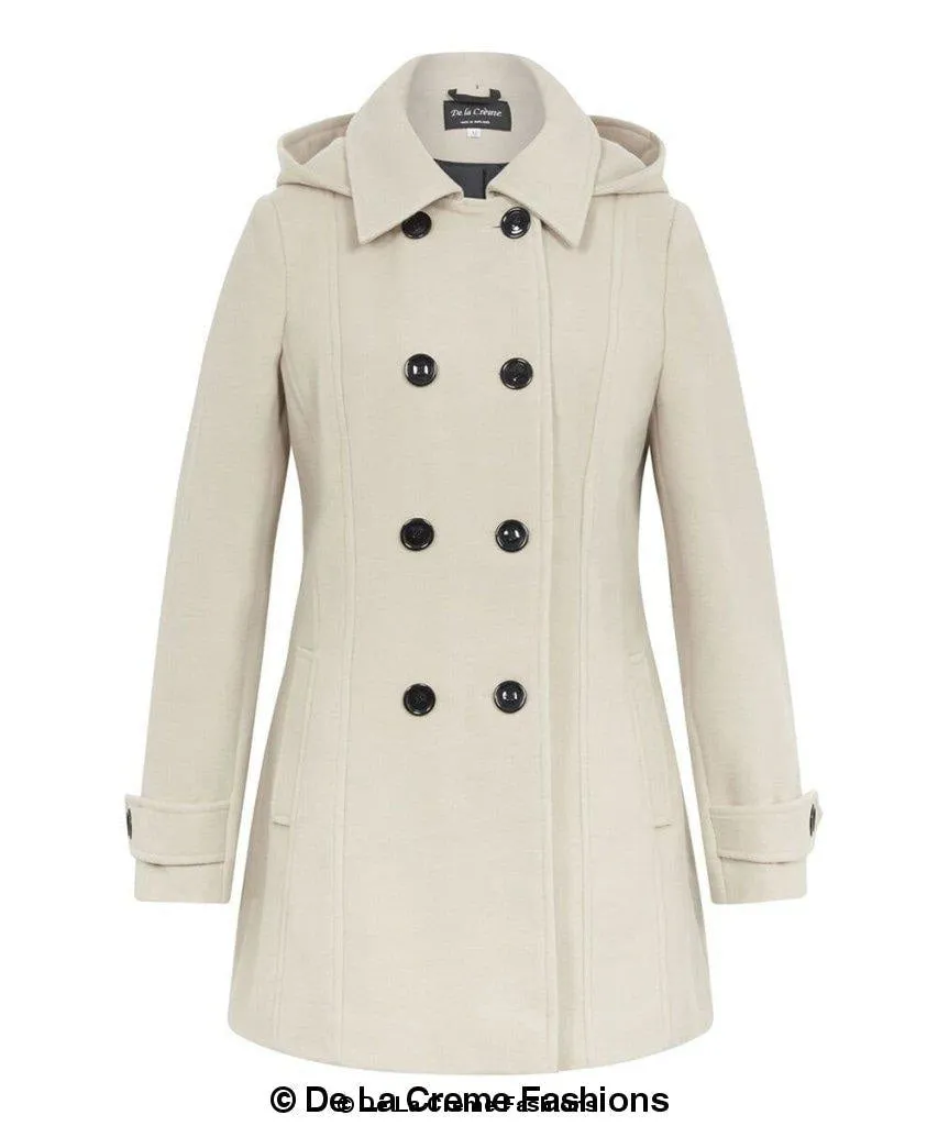 Womens Wool Feel Double Breasted Hooded Coat