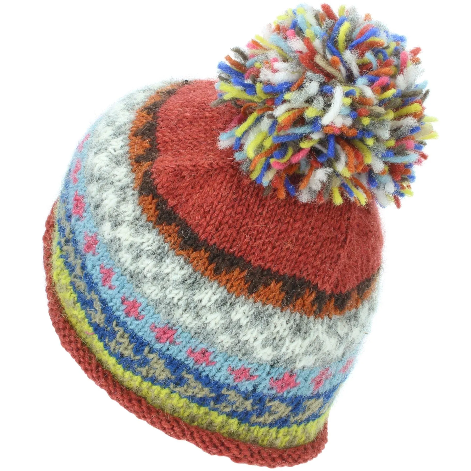 Wool Knit Beanie Bobble Hat - Chevron - Orange