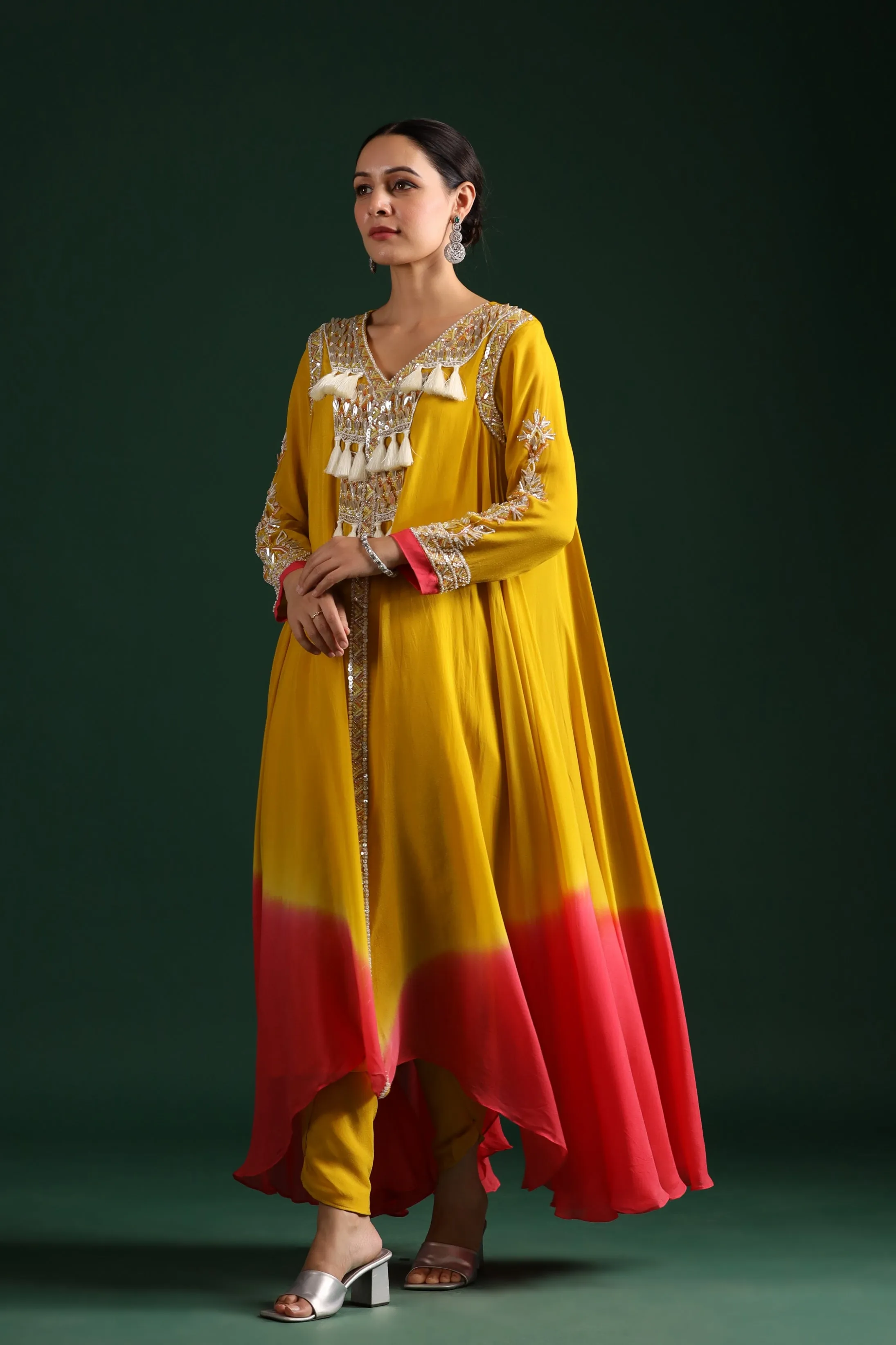 Yellow Ombre Dyed Swiss Georgette Asymmetrical Kurta With Pants