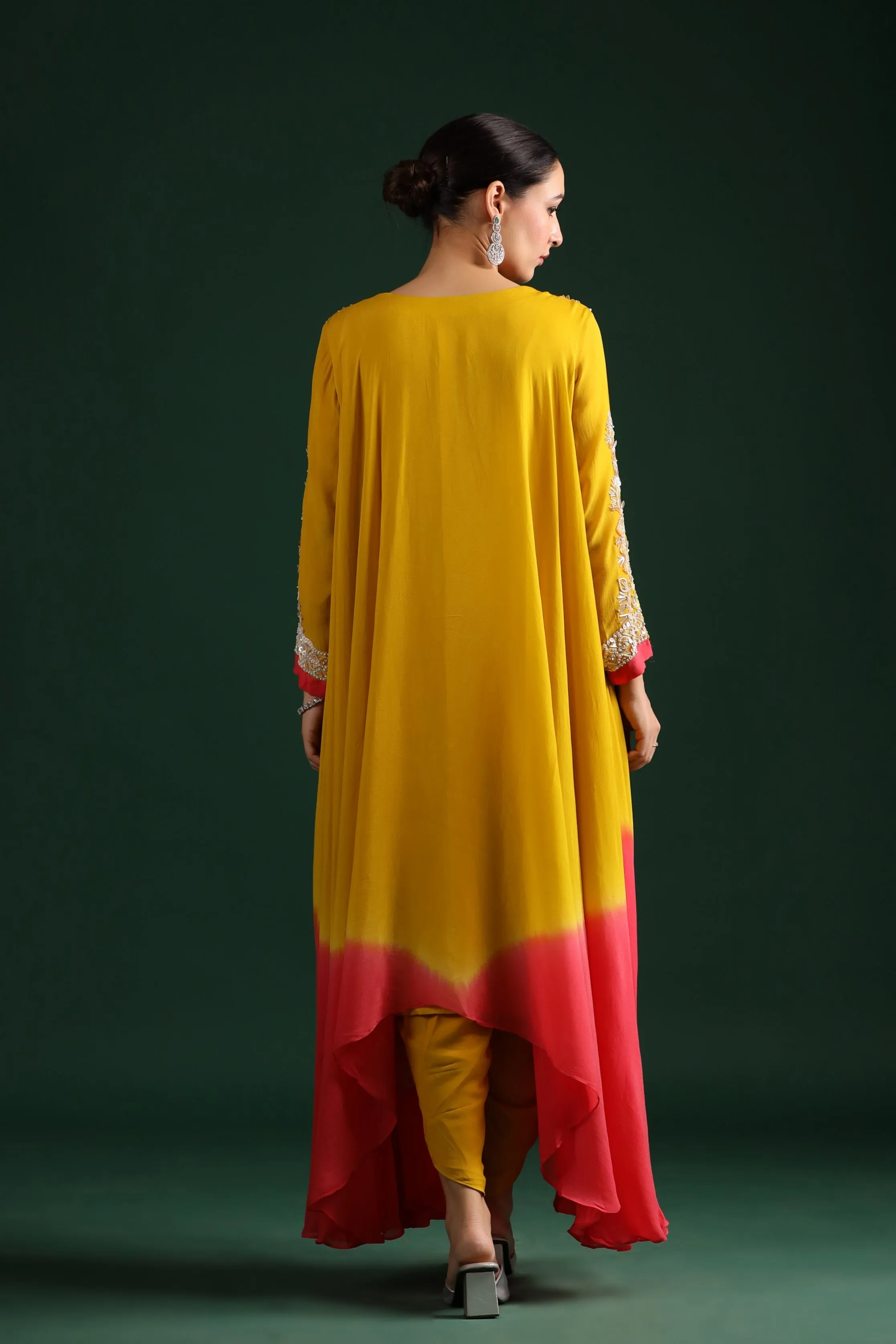 Yellow Ombre Dyed Swiss Georgette Asymmetrical Kurta With Pants