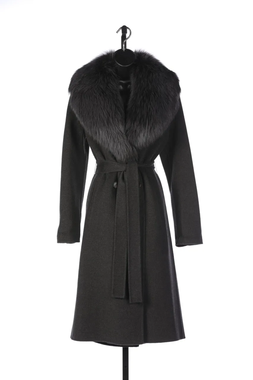 Yves Salomon Wool Grey & Dusty Blue Fox Fur Collar Button Up Full-Length Coat with Belt