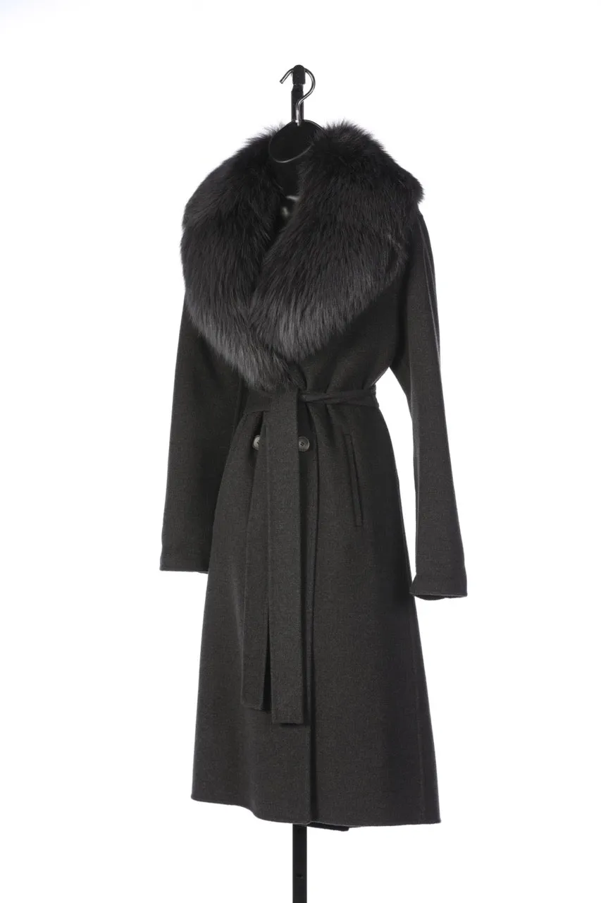 Yves Salomon Wool Grey & Dusty Blue Fox Fur Collar Button Up Full-Length Coat with Belt